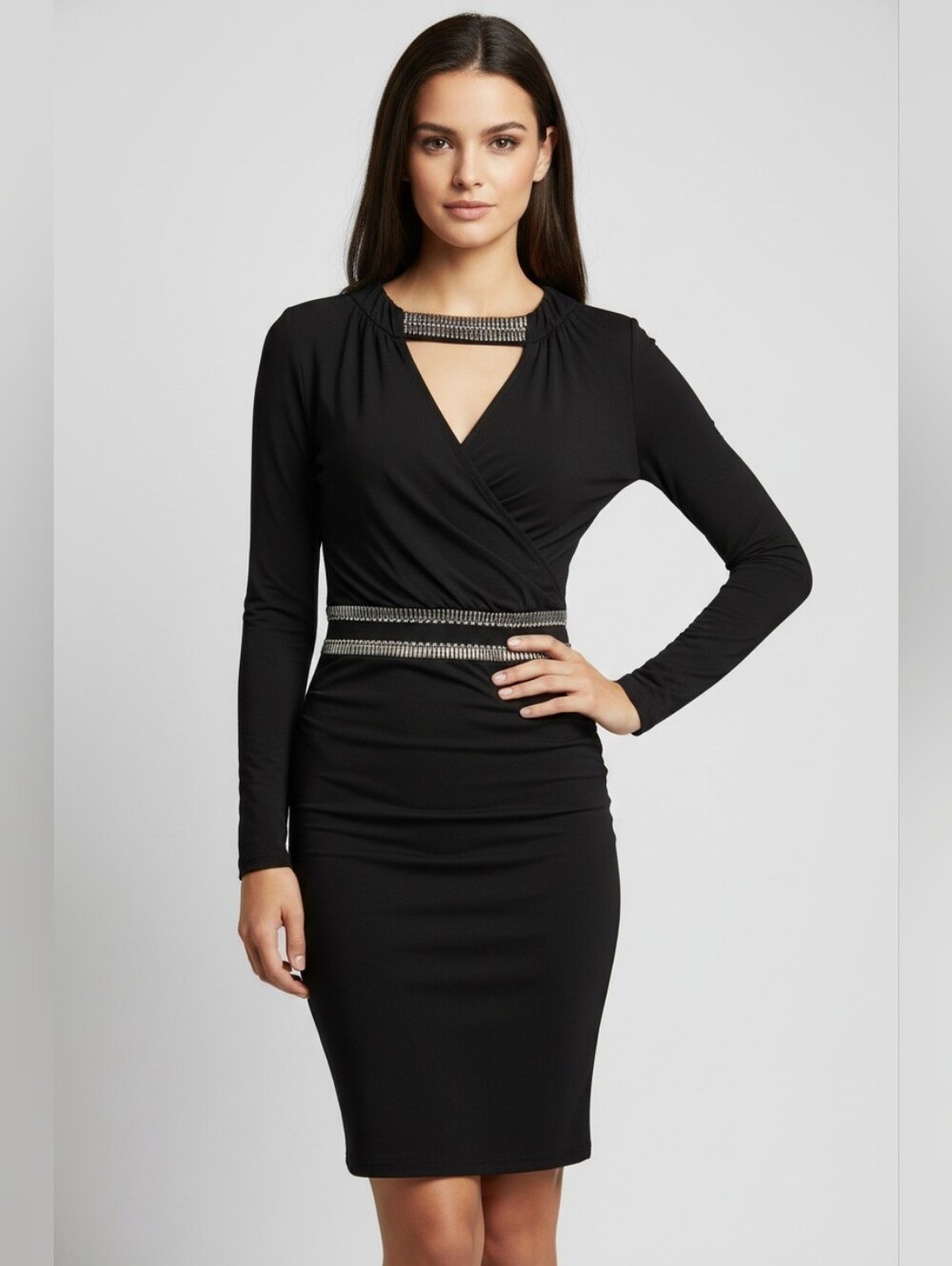Cache Black Long Sleeve Dress with Silver Detailing